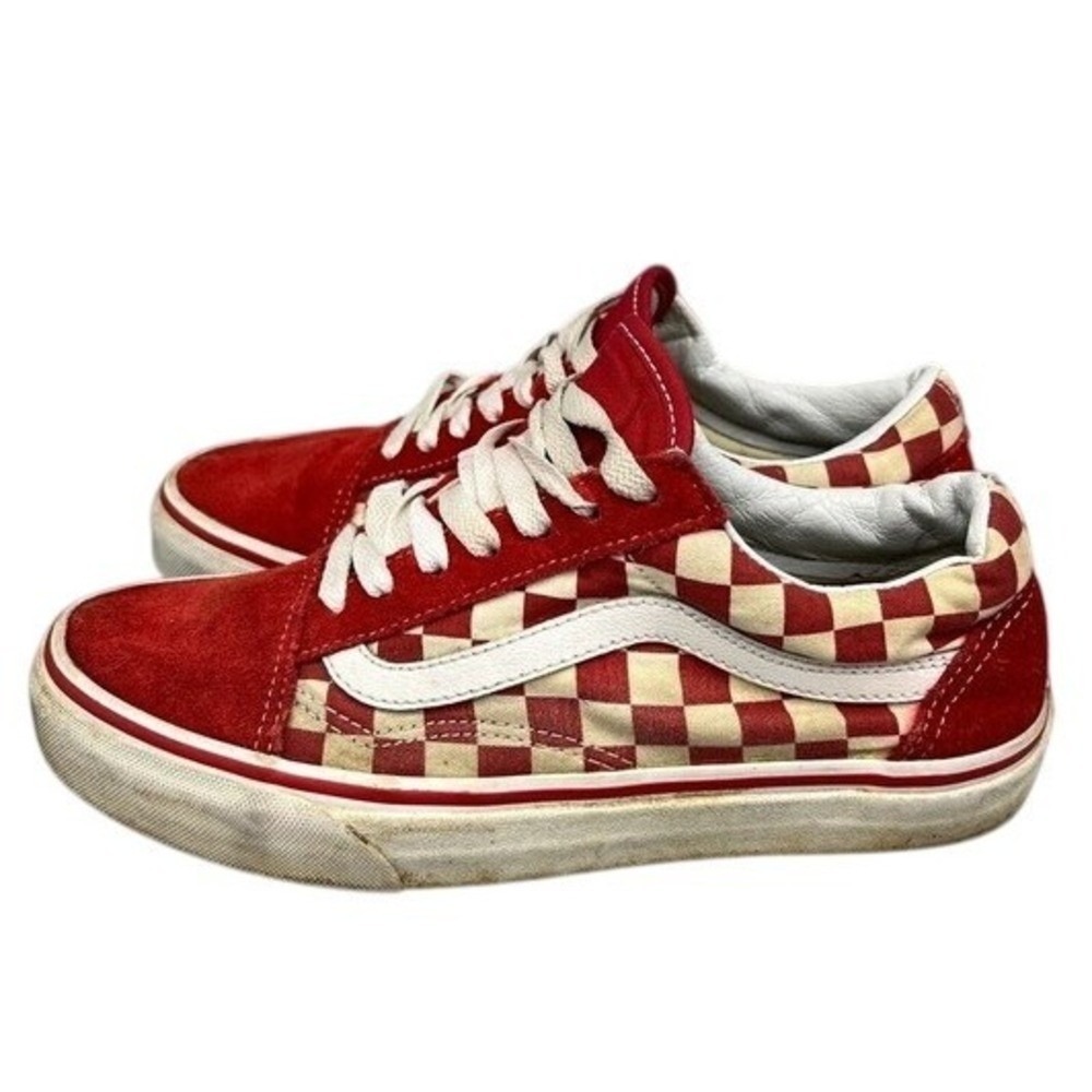 Vans Old Skool Sneakers Womens 7 Red Checkerboard Suede Canvas Skate Shoes